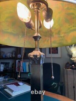 Antique Reverse Painted Lamp Shade and Lamp- Pittsburgh Lamp, Brass & Glass Co