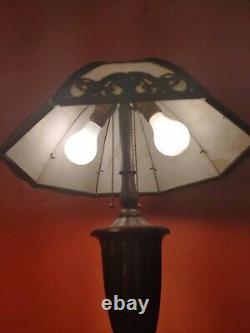 Antique SIGNED Bradley Hubbard Table Lamp Slag Glass Shade- Flower Baskets-Wheat