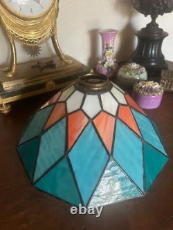 Antique SIGNED STAINED GLASS Lampshade TURQUOISE ORANGE Southwest ARTS & CRAFTS