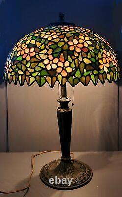 Antique Signed Handel Floral Leaded Glass Lamp Shade & Bronze Base