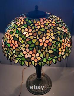 Antique Signed Handel Floral Leaded Glass Lamp Shade & Bronze Base