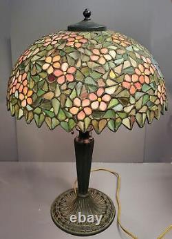 Antique Signed Handel Floral Leaded Glass Lamp Shade & Bronze Base