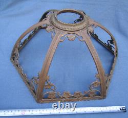 Antique Slag BRASS LAMP SHADE FRAME 17 for 6 Stained Glass Panels Art Nouveau