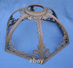 Antique Slag BRASS LAMP SHADE FRAME 17 for 6 Stained Glass Panels Art Nouveau