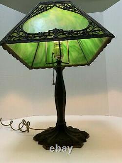 Antique Slag Glass Lamp Art Nouveau Cast Iron 4 Panel Green Shade Table Lamp