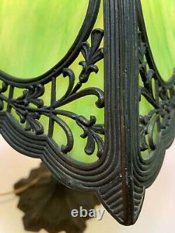 Antique Slag Glass Lamp Art Nouveau Cast Iron 4 Panel Green Shade Table Lamp