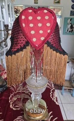 Antique Style Boudoir Lamp Shade, fringes & Beads, Red Gold & black Handmade