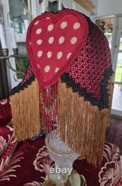 Antique Style Boudoir Lamp Shade, fringes & Beads, Red Gold & black Handmade