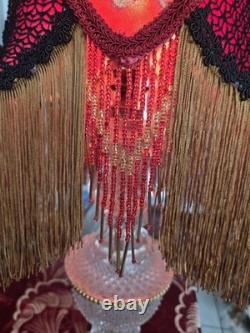 Antique Style Boudoir Lamp Shade, fringes & Beads, Red Gold & black Handmade