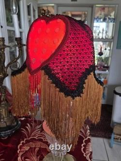 Antique Style Boudoir Lamp Shade, fringes & Beads, Red Gold & black Handmade