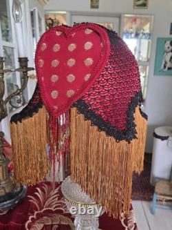 Antique Style Boudoir Lamp Shade, fringes & Beads, Red Gold & black Handmade