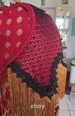 Antique Style Boudoir Lamp Shade, fringes & Beads, Red Gold & black Handmade