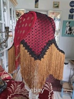 Antique Style Boudoir Lamp Shade, fringes & Beads, Red Gold & black Handmade