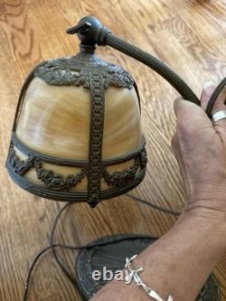 Antique-Style Slag Glass Table Lamp Ornate Bronze Finish