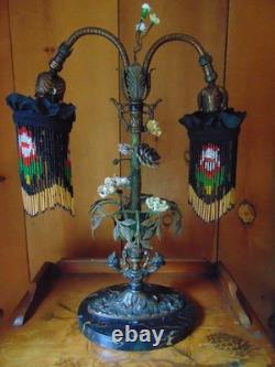 Antique TABLE LAMP fringed glass bead shades seashell and ceramic flowers 2 arm