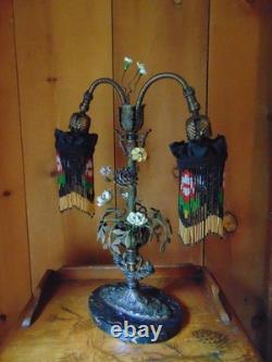 Antique TABLE LAMP fringed glass bead shades seashell and ceramic flowers 2 arm