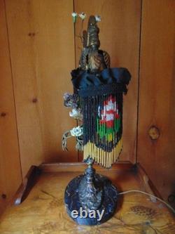 Antique TABLE LAMP fringed glass bead shades seashell and ceramic flowers 2 arm