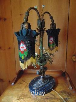 Antique TABLE LAMP fringed glass bead shades seashell and ceramic flowers 2 arm