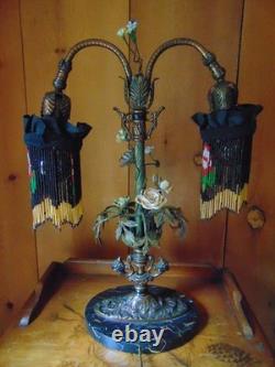 Antique TABLE LAMP fringed glass bead shades seashell and ceramic flowers 2 arm