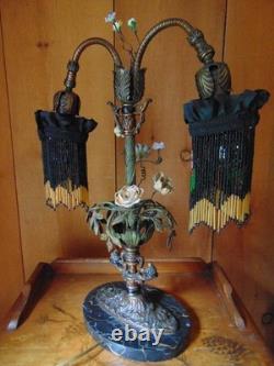 Antique TABLE LAMP fringed glass bead shades seashell and ceramic flowers 2 arm