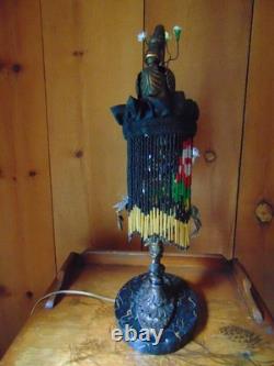 Antique TABLE LAMP fringed glass bead shades seashell and ceramic flowers 2 arm