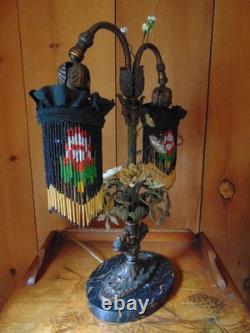 Antique TABLE LAMP fringed glass bead shades seashell and ceramic flowers 2 arm
