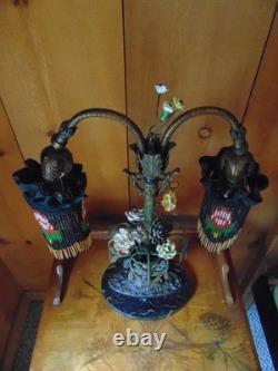 Antique TABLE LAMP fringed glass bead shades seashell and ceramic flowers 2 arm