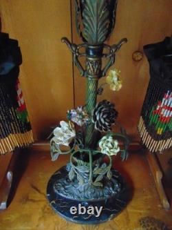 Antique TABLE LAMP fringed glass bead shades seashell and ceramic flowers 2 arm