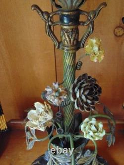 Antique TABLE LAMP fringed glass bead shades seashell and ceramic flowers 2 arm