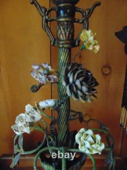 Antique TABLE LAMP fringed glass bead shades seashell and ceramic flowers 2 arm