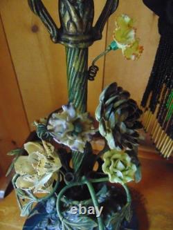Antique TABLE LAMP fringed glass bead shades seashell and ceramic flowers 2 arm