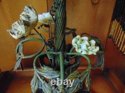 Antique TABLE LAMP fringed glass bead shades seashell and ceramic flowers 2 arm
