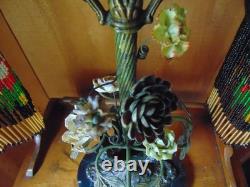 Antique TABLE LAMP fringed glass bead shades seashell and ceramic flowers 2 arm