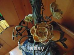 Antique TABLE LAMP fringed glass bead shades seashell and ceramic flowers 2 arm