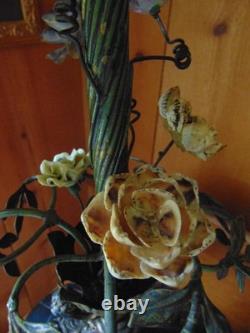 Antique TABLE LAMP fringed glass bead shades seashell and ceramic flowers 2 arm