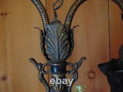 Antique TABLE LAMP fringed glass bead shades seashell and ceramic flowers 2 arm