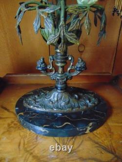 Antique TABLE LAMP fringed glass bead shades seashell and ceramic flowers 2 arm