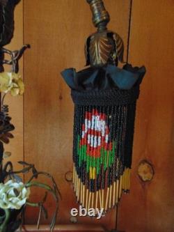 Antique TABLE LAMP fringed glass bead shades seashell and ceramic flowers 2 arm