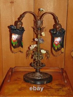 Antique TABLE LAMP fringed glass bead shades seashell and ceramic flowers 2 arm
