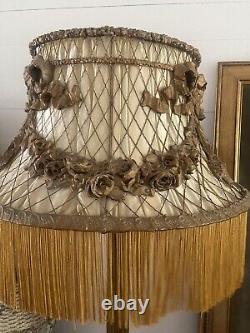 Antique Thick Gesso Barbola Roses Swags French Flower Baskets Lamp Shade Wire