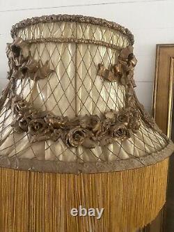 Antique Thick Gesso Barbola Roses Swags French Flower Baskets Lamp Shade Wire