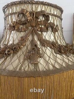 Antique Thick Gesso Barbola Roses Swags French Flower Baskets Lamp Shade Wire