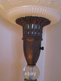 Antique Torchiere Glass Floor Lamp Glass Column Opalescent Shade Marble 1950s