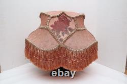 Antique VICTORIAN LAMP SHADE EMBROIDERED FABRIC With Fringe Vintage 22