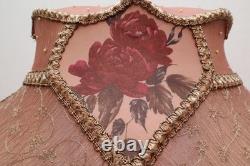 Antique VICTORIAN LAMP SHADE EMBROIDERED FABRIC With Fringe Vintage 22