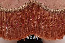 Antique VICTORIAN LAMP SHADE EMBROIDERED FABRIC With Fringe Vintage 22