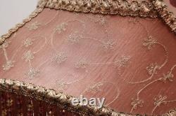 Antique VICTORIAN LAMP SHADE EMBROIDERED FABRIC With Fringe Vintage 22