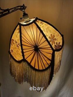 Antique Victorian Art Deco Uno Bridge Floor Lamp Shade Fringe Boho French Beige