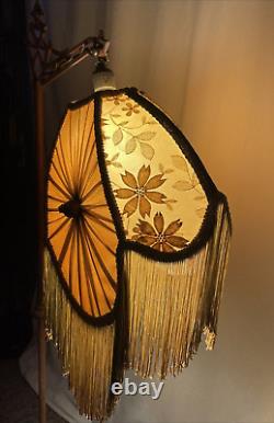 Antique Victorian Art Deco Uno Bridge Floor Lamp Shade Fringe Boho French Beige