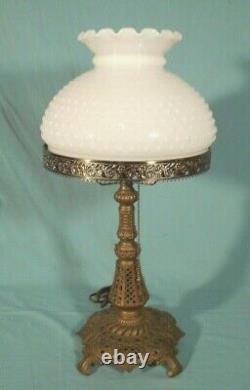 Antique Victorian Art Nouveau Metal Lamp Base With Milk Glass Shade